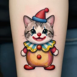 adorable cat dressed as a clown tattoo design