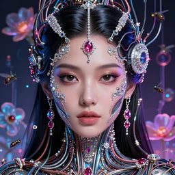 very beautiful woman integrating with technology, full face frontal centered, portrait, insipiring, detailed intricate ornate cables connected to head, big dark eyes, luxurious detailed abundent wiring and implants, diamonds, ruby, sci - fi, neon, glow, lucious shinny hair, detailed background with cyber flowers and insects, highly detailed, artstation, 8 k