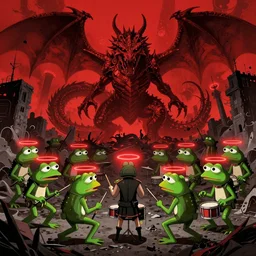 resolution 4k worlds of loss and depression made in abyss design Akihito Tsukushi design body pepe the frogs group of them attacking a dragon monster war , battlefield darkness military drummer boy pepe , desolated city the sky is filled with red halos over each of their heads dragon, pepe ivory dream like storybooks, fractals , pepe the frogs at war, art in the style of and Oleg Vdovenko and Akihito Tsukushi