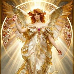 a beautiful orchid phoenix angel woman, in an ornamented dress with large, volumetric light, god rays, 8 k high resolution, rubies, by alphonse mucha