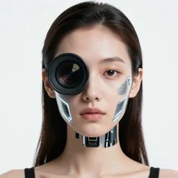 photo of beautiful young woman, medium close up, with a cyberpunk camera lens placed over right eye, and robotic implants over face with linear led lights, white background, fine art photography in the style of Bill Henson