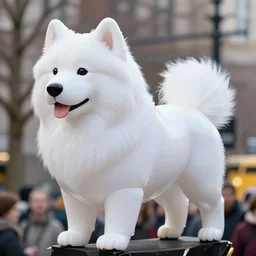 a macy's thanksgiving parade balloon of a samoyed dog