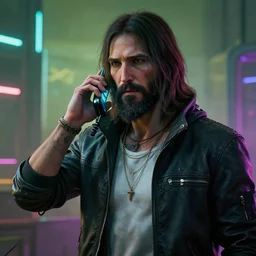 jesus christ talking on the phone, style of cyberpunk 2 0 7 7