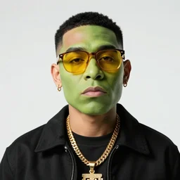 a smug pepe wearing yellow tint glasses, gold necklace, black jacket, portrait