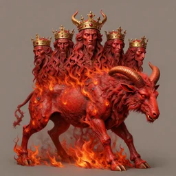 diadems, crowns, on a ten horned beast with seven heads, fiery red, detailed, intricate, matte painting by Mariusz Lewandowski, Giger and Jacek Yerka