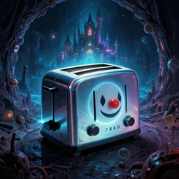 toaster emerging from a space portal in cyberspace, in 1 7 6 7, cutecore clowncore, bathed in the the glow, alien castle in background, low - light photograph, in style of tyler mitchell, cut and paste collage
