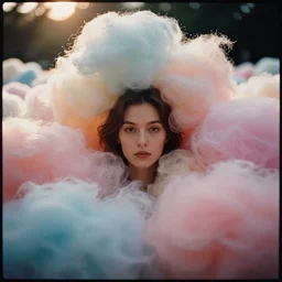 An vintage analog head and shoulder frontal face portrait photography of a woman surrounded by thousand fluffy soft giant! oversized! pastel colorful cotton balls by tim walker. Kodak Portra 800 film. shallow depth of field. (Depth of field). whirl bokeh!!. Golden hour. detailed. hq. realistic. warm light. muted colors. dark Mood. Filmic. Dreamy. lens flare. Mamiya 7ii, f/1.2, symmetrical balance, in-frame