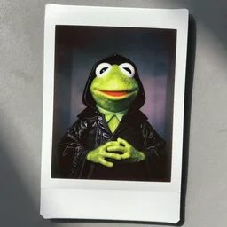 Kermit the frog as sith, polaroid photo, instax, white frame, by Warhol,