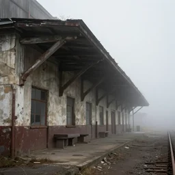 derelict train station, cracked walls, dust, fog, hyperdetailed, 4 k
