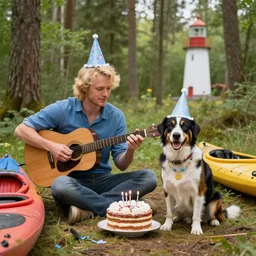 blonde swedish balthazar and his dog okko with birthday hats, celebrating a birthday party in a forest, with music, cake and kayaks, with a lighthouse in the background