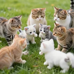 color still of a group of cats playing with stuffed toy kittens, grassy field, close up, high detail