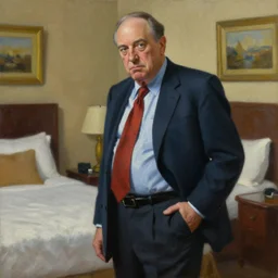 Oil painting of Rudy Giuliani in a hotel room with his hand in his pants, cinematic