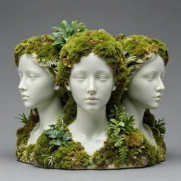 3 d porcelain portrait of a young woman, head and shoulders covered with moss and plants by karol bak and james jean