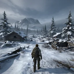 Lapland in winter in ruins post-nuclear war in Fallout 4, in game screenshot