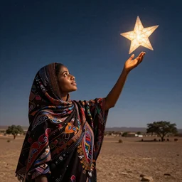 “A Sudanese woman surrounded by the colourful universe, reaching out to touch the nearest star”
