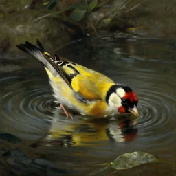 painting of a goldfinch drowning in a river of nightmares. by theodore gericault, realistic oil painting, 4 k, studio lightning, award winning, very detailed shadows
