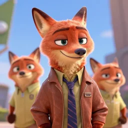 3 d render, portrait, anthropomorphic fox, male, in a brown leather maxi jacket, in the style of zootopia, closeup, artstation