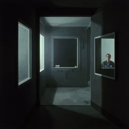 dark rooms, harsh light, mirrors and glass, cassette futurism, existential horror, atmospheric haze, film. illustration by edward hopper, norman rockwell. film still, 1 6 mm cinematography