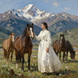 scenic western mountain landscape with wild horses and a woman in a long white traditional dress, albert aublet & Asher Brown Durand, oil on canvas, beautifully daylight, artstation