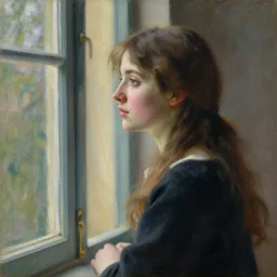 portrait of a young woman looking out of a window. painting by rembrandt and monet.
