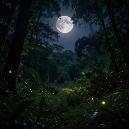 dark jungle moon light, fireflies, lovely view, reliastic, 8 k hd