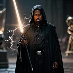 kanye west as a sith lord from star wars, splash art, movie still, cinematic lighting, ray tracing, octane render, long lens, shallow depth of field, bokeh, anamorphic lens flare, 8 k, hyper detailed, 3 5 mm film grain