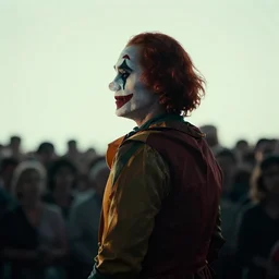 photo of a clown staring at a distant crowd, isolated, depressing, moody, nostalgic, dramatic, 8 k uhd