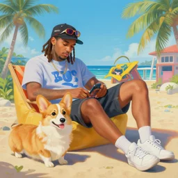 beautiful painting of hiphop solarpunk summertime chill with corgi, by gaston bussiere, j. c. leyendecker, craig mullins. trending on artstation, 8 k, masterpiece, graffiti paint, fine detail, full of color, intricate detail, golden ratio illustration, face enhance
