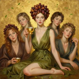 epic painting, portrait of beautiful supermodel goddess wearing olive dress and crown made of sweet fruit called dates holding golden sitting next to golden tea cup with golden glow background, photography by amy leibowitz, wlop, jeremy lipkin, beeple, intricate, symmetrical front portrait, artgerm, ilya kuvshinov, cgreen tea leaves flying in the background