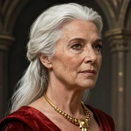 portrait of a female, middle - age, pony tail, white hair, tanned, beautiful, golden necklace, red tunic, close - up, stunning, detailled, by luis royo, by pixar, by myazaki, game of thrones, gothic, final fantasy, fantasy, medieval