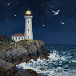 a painting of a lighthouse built on seashore rocky cliff with waves crashing into the rocks and sea birds flying on a starry night, in the style of ray caesar, digital art