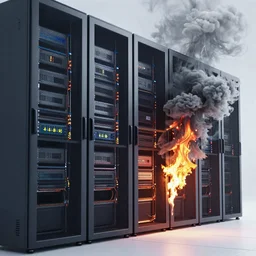 a server room on fire, digital art, smoke, explosions, realistic