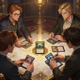 four players competing at a magic the gathering card game competition, magnificent, close up, details, sharp focus, elegant, highly detailed, illustration, by Jordan Grimmer and greg rutkowski and PiNe and Imoko and wlop and maya takamura, intricate, beautiful, Trending artstation, pixiv, digital Art.