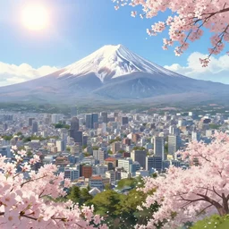 makoto shinkai concept art of tokyo landscape from far away, mountfuji in the background, summer, heat, sun, cherry blossoms in the foreground, key visual, ambient lighting, highly detailed, digital painting, artstation, concept art, sharp focus, by studio ghibli makoto shinkai akihiko yoshida hidari wlop and greg rutkowski