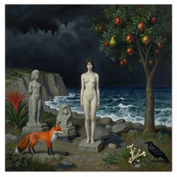 realistic painting of night sky during a storm, tall emo girl, coastline, stone sculptures, a fox, a pear tree, black melting sky, cliffs, waves breaking, stones, black puddles, pomegranate tree, bromeliads, herbs, raven, bones, berries, zen, sensual, surrealist painting by magritte and monet and kawase