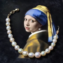 medium shot studio photo of ancient natural pearl necklace on velvet, highly detailed, sharp focus, studio lighting, oil painting by Vermeer,