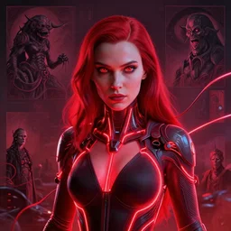 Portrait Masterpiece, Wanda Maximoff, neon, red, glowing, wires everywhere, by Edgar Maxence and Ross Tran, Zdzisław Beksiński, and Michael Whelan, distant, gustav dore, H.R. Giger, 8k, octane render