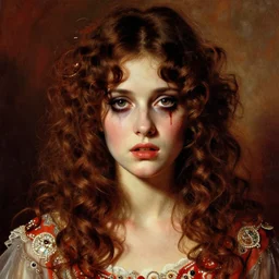 a beautiful but sinister girl in layers of fear, with haunted eyes and curly hair, 1 9 7 0 s, seventies, delicate embellishments, a little blood, crimson, painterly, offset printing technique, by alexandre cabanel