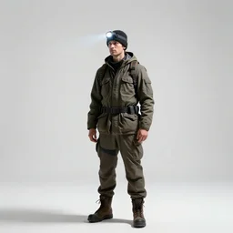stoic miner with headlamp, cinematic studio photo, full body, standing, isolated on a pure white background, centered, whole figure in frame, sharp focus, studio lighting
