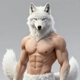 award winning beautiful portrait commission art of a muscular shirtless male furry anthro albino wolf fursona with a tail and a cute beautiful attractive detailed furry face wearing black stylish cyberpunk pants and boots in a cyberpunk city at night while it rains. Character design by charlie bowater, ross tran, artgerm, and makoto shinkai, detailed, inked, western comic book art