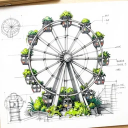 annotated highly, detailed and intricate, sketch of a ferris wheel cabin full of green plants, marker concept art style rendering, concept art, half blueprint, trending on artstation, intricate details, center frame, annotations