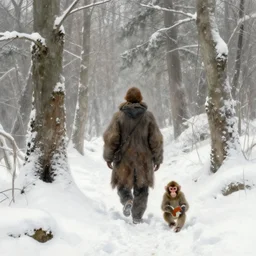 wandering through a snowy forest with a pet monkey, in the style of theodor kittelsen