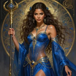 ! dream zendaya as a sorceress, passionate, seductive, sweaty, intricate dressed in ornate blue robes and staff, lovely, intricate, highly detailed, digital painting, artstation, concept art, karma sutra, smooth, sharp focus, illustration, unreal engine 5, 8 k, art by artgerm and greg rutkowski and alphonse mucha