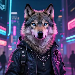 beautiful furry art portrait digital art, vibrant neon commission of a furry anthro wolf fursona wearing punk clothes in a cyberpunk city.