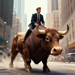a business man riding a giant bull in the city, digital art, 8 k resolution