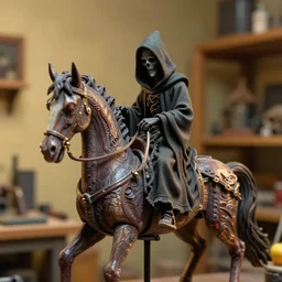 photo taken of an epic intricate, ultra detailed, super realistic sculpture of a nightmarish hellish demonic hooded grim reaper sitting on his death horse animatronic on display in a workshop, created by weta workshop, zoomed in shots, photorealistic, sharp focus, f 0. 4, face centred, macro photography, golden ratio, golden hour