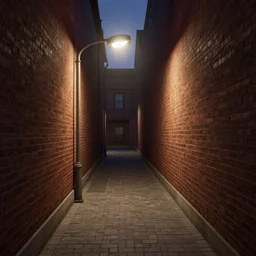 a narrow brick alleyway lit with a streetlight, 3d octane render, photorealistic