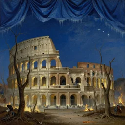 new years day at a colloseum, dry trees, environment on fire, winter blue drapery, hanging tarp ceiling showing the stars, icicles, stoic, light dust, magnificent, hyperdetailed, theatrical, close up, masterpiece, painted by jean honore fragonard and greg rutkowski