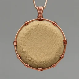a beautiful circular pendant made from sand and dirt, that is bound together by copper wire