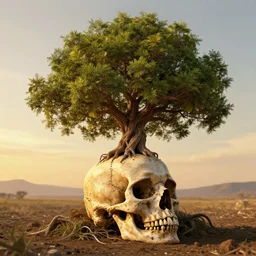 a skull sitting in the dirt, with a big beautiful vibrant old tree growing out of it, digital art, high quality, hyper realistic, golden hour, trending on artstation, 8 k